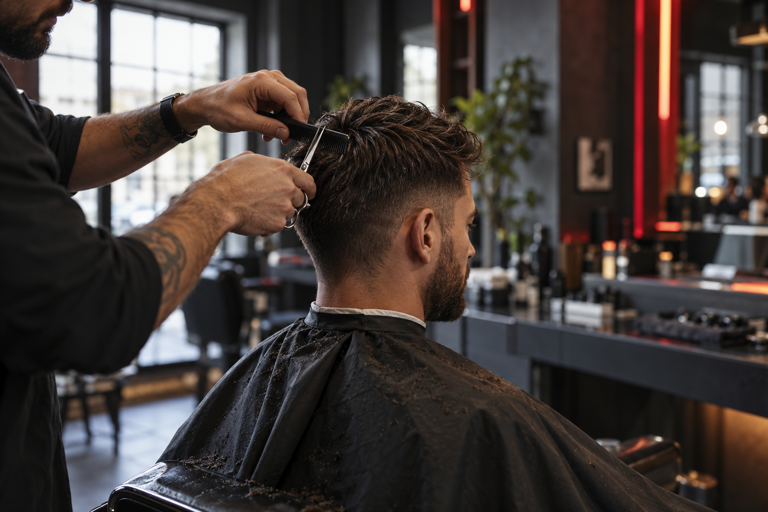 AI-genereret konceptbillede af en barber i arbejde i en moderne salon