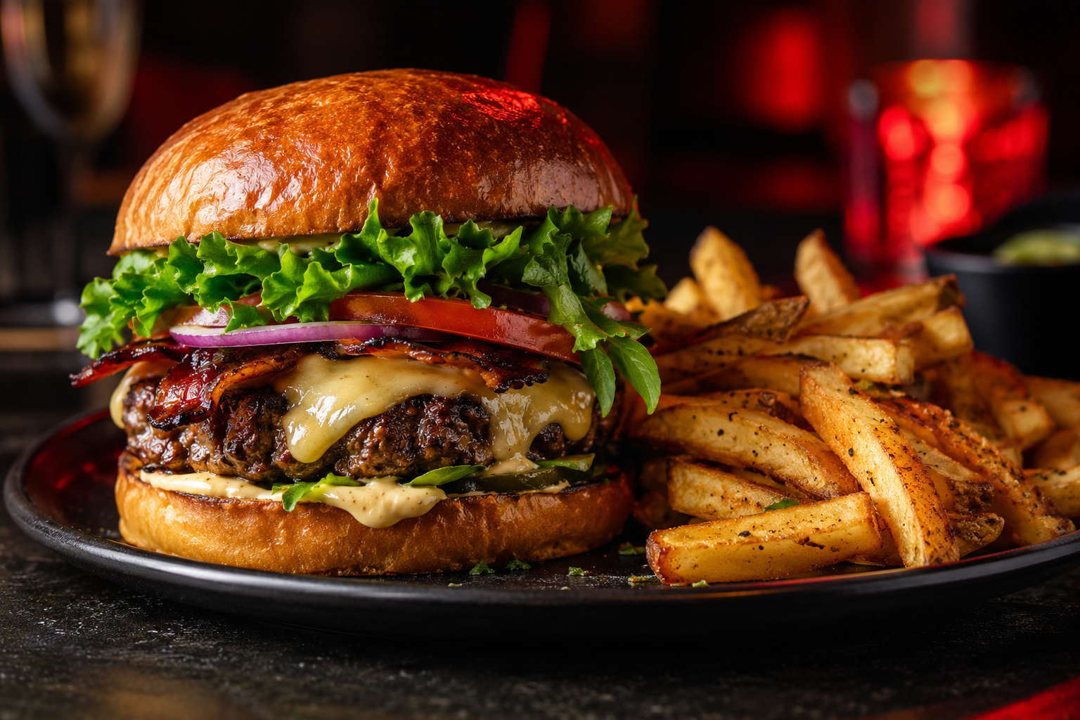 AI-genereret konceptbillede af burger og pommes frites i en restaurant